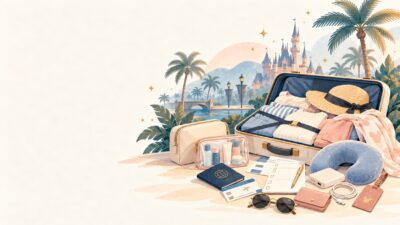 スーツケース、衣類、パスポート、旅行用品を描いた荷造りのイラスト
