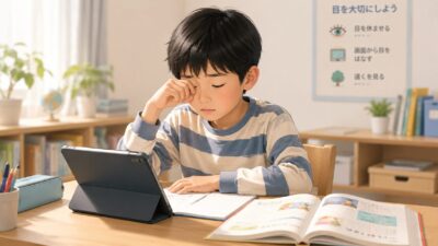 タブレット学習中に目をこする子どもと紙の教科書