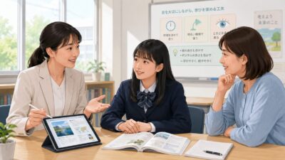 先生・生徒・保護者が紙の教科書とタブレットを見ながら話し合う様子