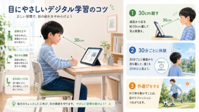 目にやさしいデジタル学習のコツを示したイラスト