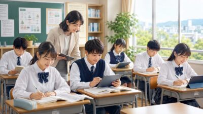 紙の教科書とタブレットを併用して学ぶ明るい教室