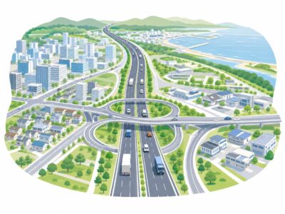 仙台東道路計画のイメージ。仙台市東部を南北につなぐ道路ネットワークと沿岸部の都市を描いたイラスト