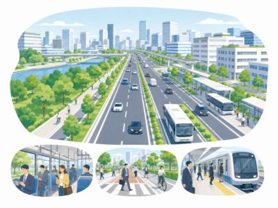 仙台東道路による市民生活のメリットを表すイラスト。道路、バス、通勤通学、歩行者、自転車が描かれている