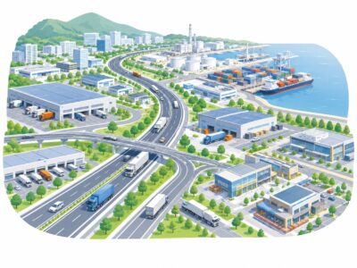 仙台東道路による物流効率化を表すイラスト。港湾、倉庫、トラック、高速道路が描かれている