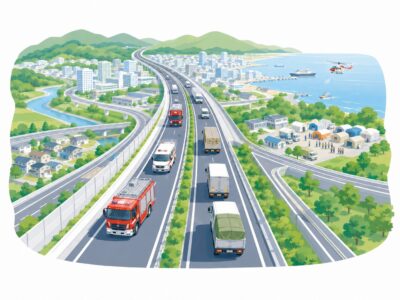 仙台東道路の防災機能を表すイラスト。緊急車両、救援物資輸送車、沿岸部の避難支援エリアが描かれている