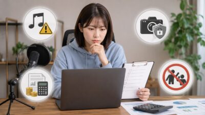 ライブ配信で注意すべき著作権、プライバシー、税金、禁止行為のチェックイメージ