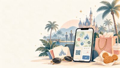 パークの地図やチケットをイメージしたスマートフォンと旅行用品のイラスト