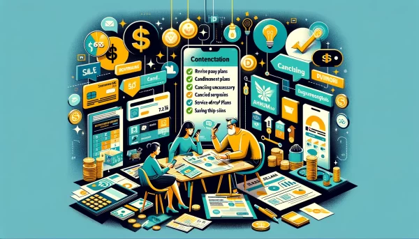 「節約方法」をテーマにしたもので、携帯電話の料金を賢く節約する様々な戦略が描かれています。家族がテーブルを囲んで、スマートフォンの料金プランを見直したり、不要なサービスオプションの解約、ahamoやirumo、eximoへの切り替え、dカード GOLDを活用するシーンが描かれています。このイラストは、賢い消費者選択が携帯電話の費用に大きな節約をもたらすことを伝えます。