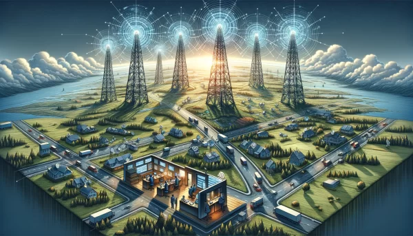 「サービス品質」を象徴するもので、安定したネットワークカバレッジと迅速な顧客サポートに焦点を当てています。広範囲にわたるネットワークカバレッジと戦略的に配置された信号塔が、どこでも強固な接続を象徴しています。また、顧客サポートセンターのシーンでは、オペレーターが効率的に通話を処理し、即座に支援を提供している様子が描かれ、プロバイダーの顧客満足へのコミットメントが強調されています。