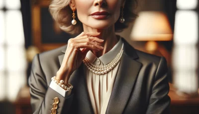 50代女性がビジネススーツに合わせているエレガントなアクセサリー。パールのネックレスやシンプルなゴールドのイヤリングなど、品格を高める小物を中心にします。