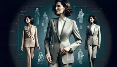 50代の女性の体型の変化に合わせて選ばれた、体型を美しく見せるデザインのスーツを表現します。フォーカスは、体型を考慮したフィット感と、女性のシルエットを美しく見せるスーツのスタイリングにあります。