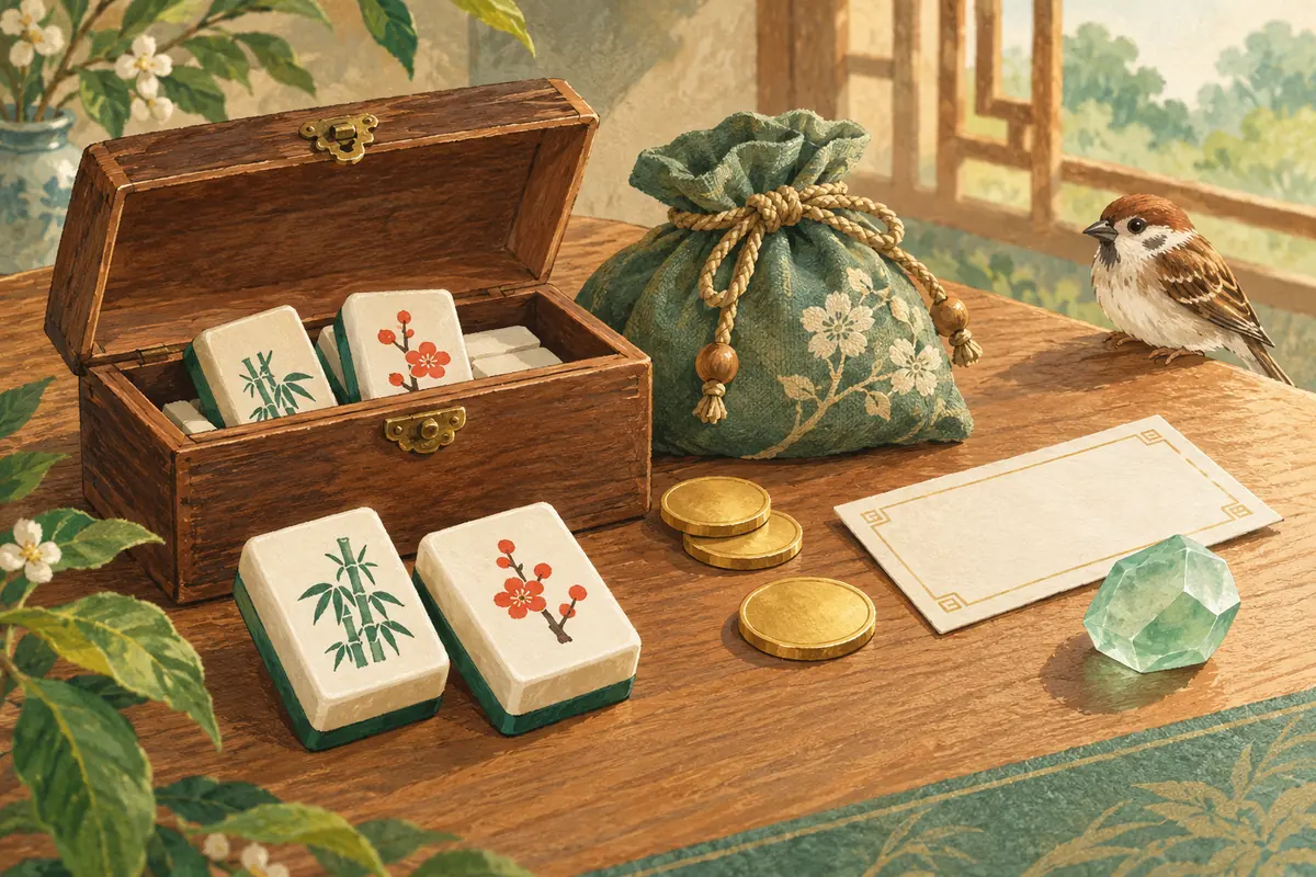 小物箱、巾着、無地の券、コインと緑色の宝石