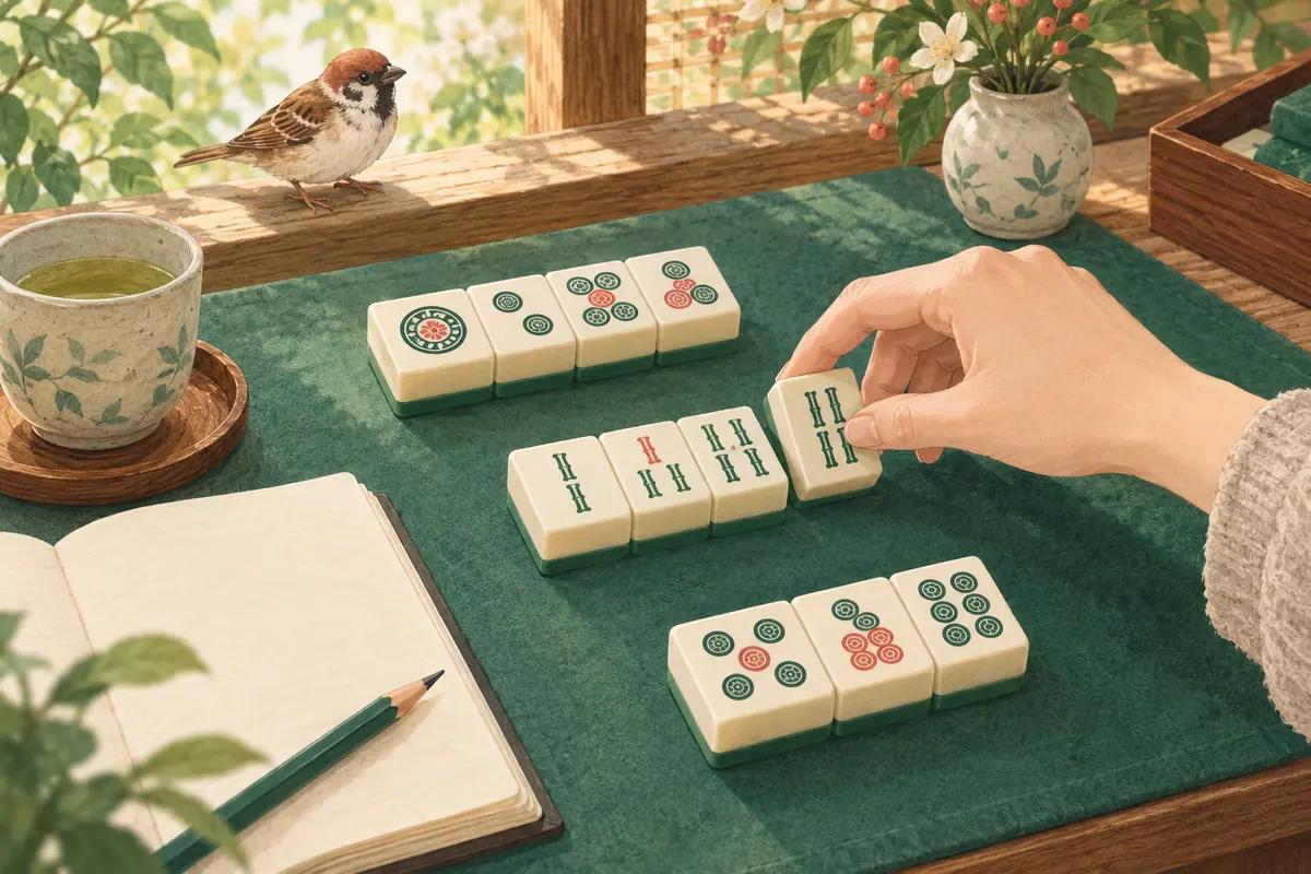 麻雀牌を並べる手元と、学習用のノートを見守る雀